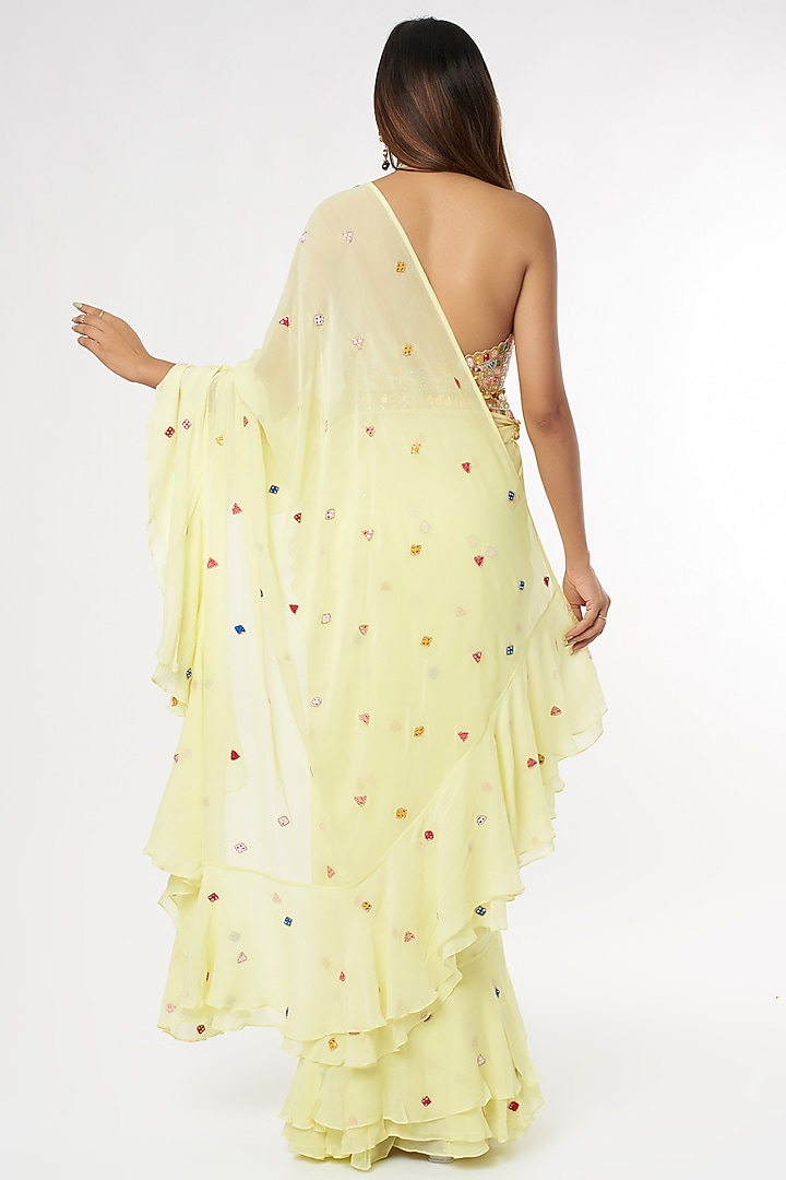 Lemon Yellow Georgette Ruffled Wedding Saree Set by Tamanna Punjabi Kapoor at Pernia's Pop Up Shop