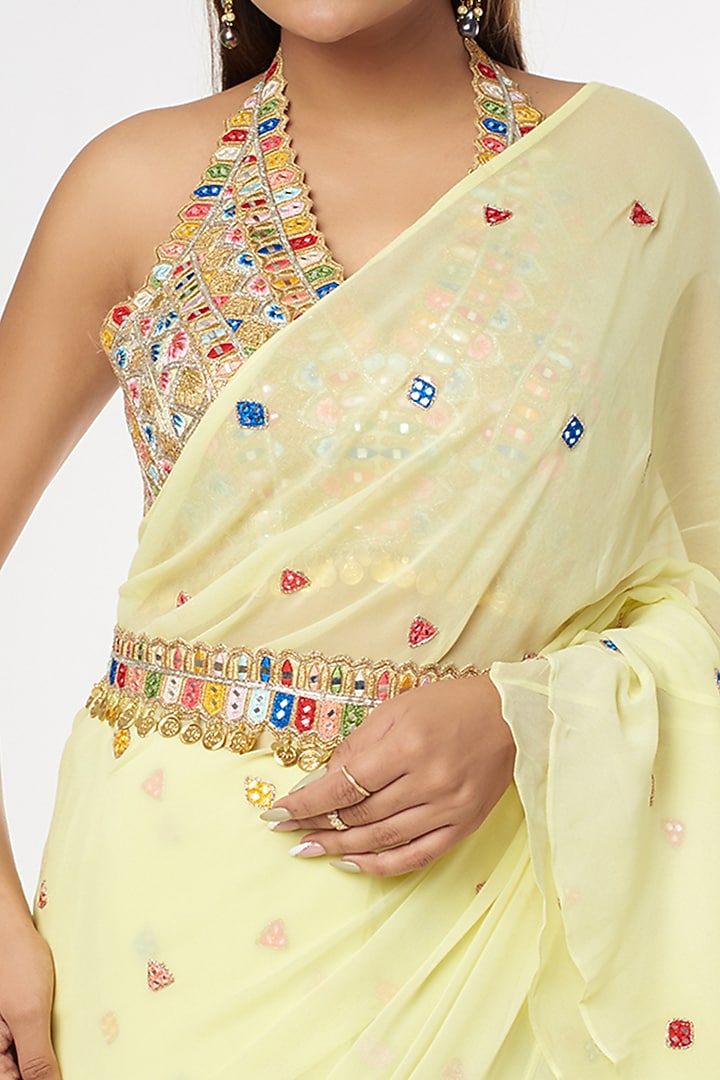Lemon Yellow Georgette Ruffled Wedding Saree Set by Tamanna Punjabi Kapoor at Pernia's Pop Up Shop