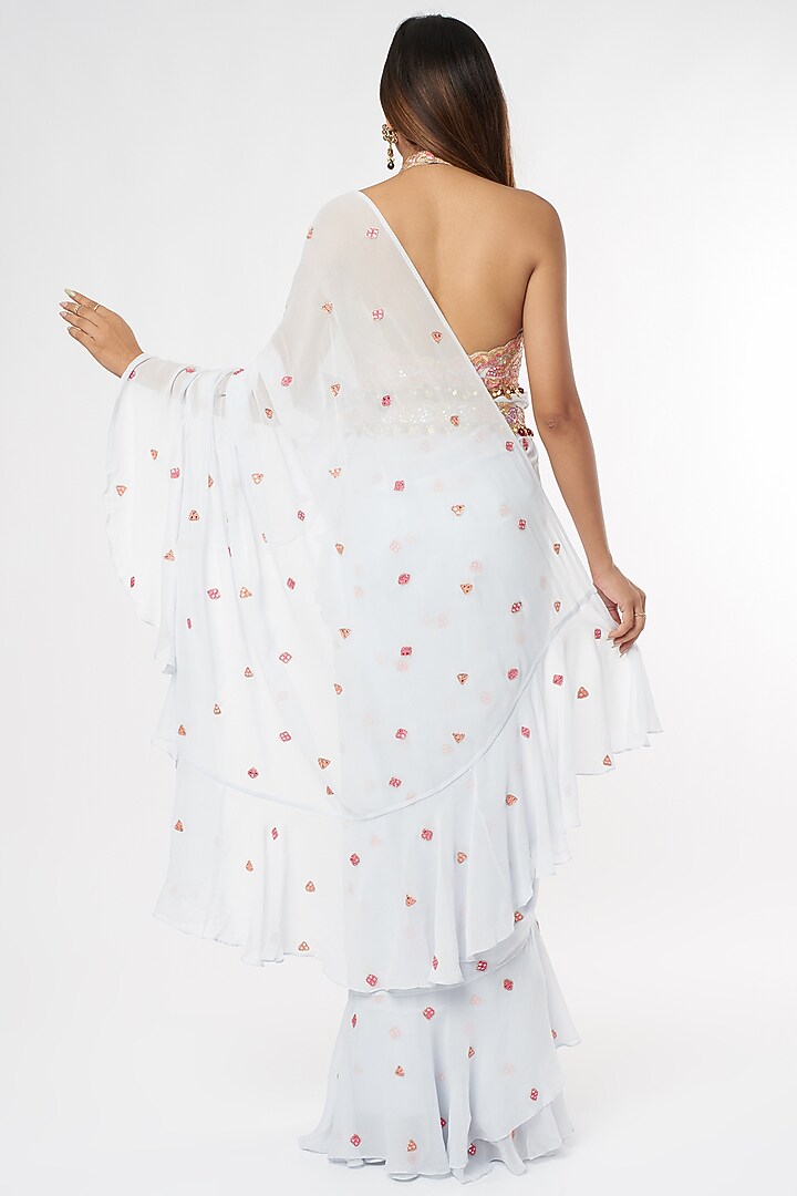 Ice Blue Georgette Ruffled Wedding Saree Set With Belt by Tamanna Punjabi Kapoor at Pernia's Pop Up Shop