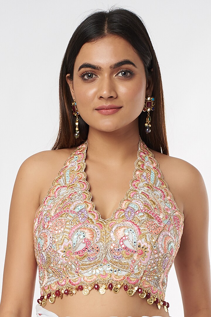 Ice Blue Georgette Ruffled Wedding Saree Set With Belt by Tamanna Punjabi Kapoor at Pernia's Pop Up Shop