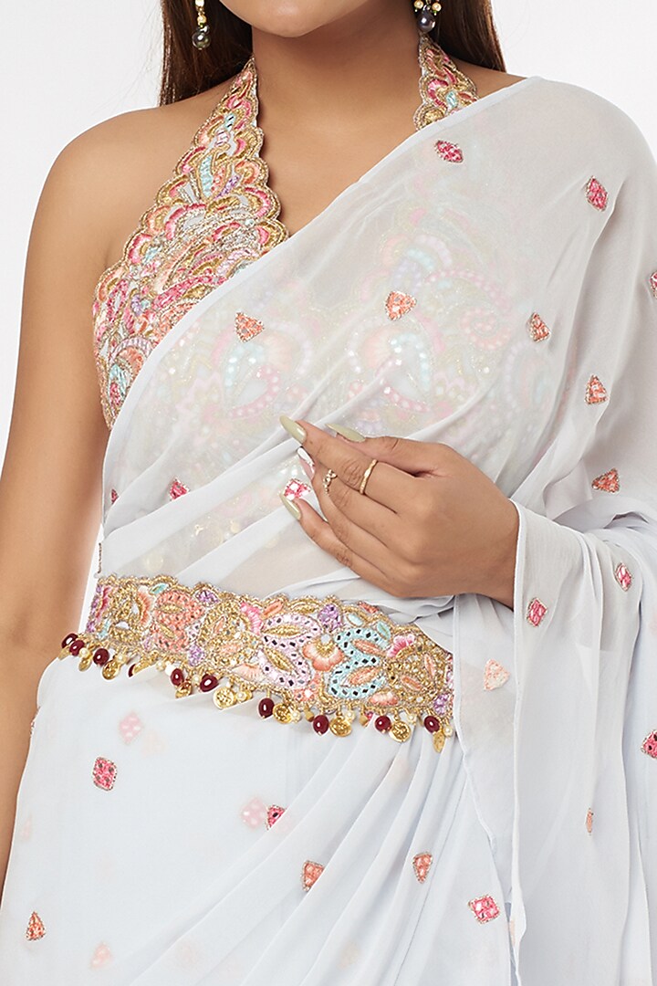 Ice Blue Georgette Ruffled Wedding Saree Set With Belt by Tamanna Punjabi Kapoor at Pernia's Pop Up Shop