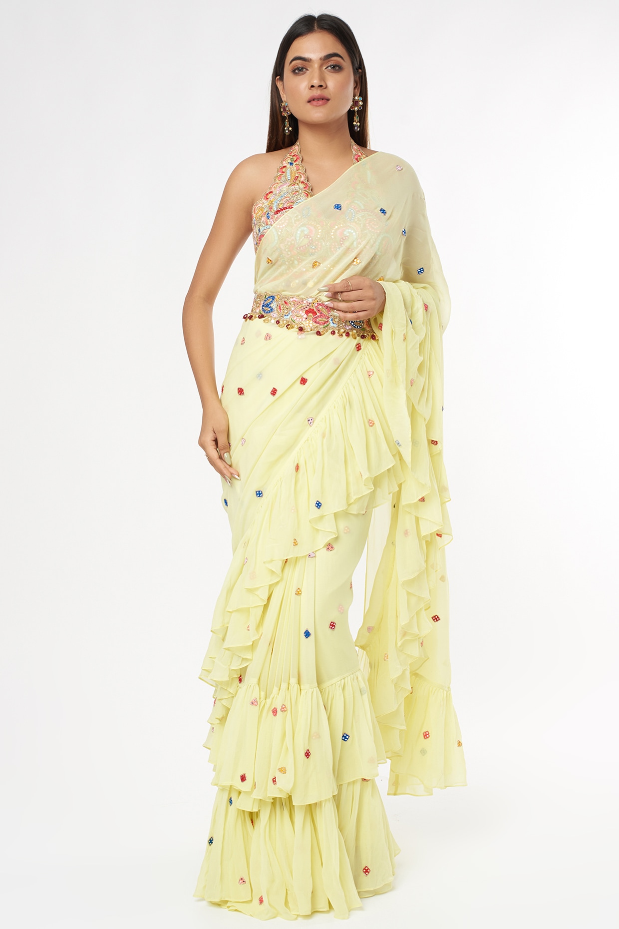 Buy Yellow Georgette V Neck Maayra Pre-draped Ruffle Saree Set For Women by  Sana Barreja Online at Aza Fashions.