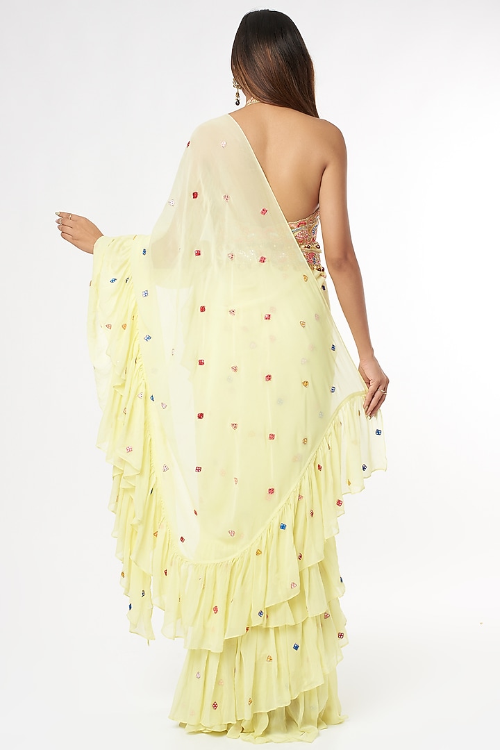 Lemon Yellow Georgette Ruffled Wedding Saree Set by Tamanna Punjabi Kapoor at Pernia's Pop Up Shop