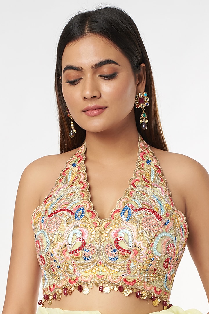 Lemon Yellow Georgette Ruffled Wedding Saree Set by Tamanna Punjabi Kapoor at Pernia's Pop Up Shop