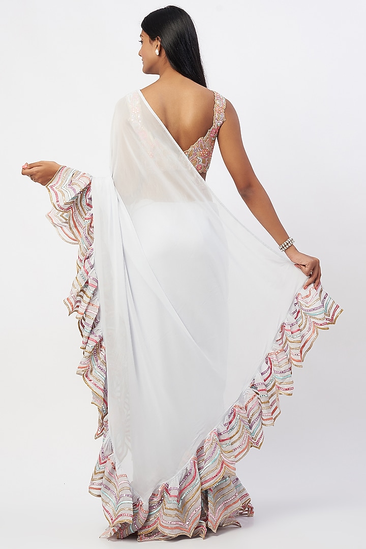 Ice-Blue Georgette Ruffled Reception Saree Set by Tamanna Punjabi Kapoor at Pernia's Pop Up Shop
