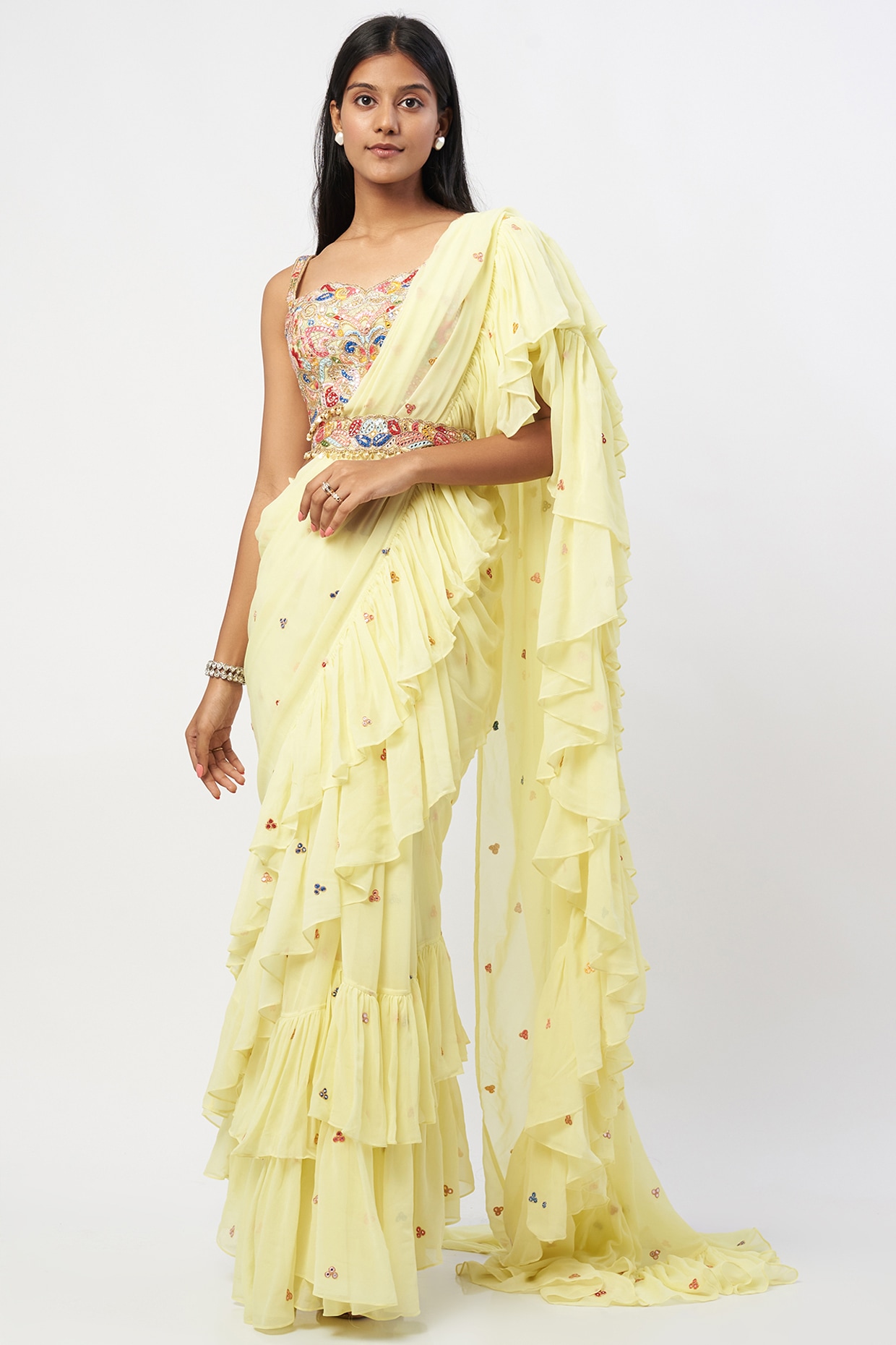 LEMON YELLOW LATEST GEORGETTE ALL OVER SEQUENCE SAREE