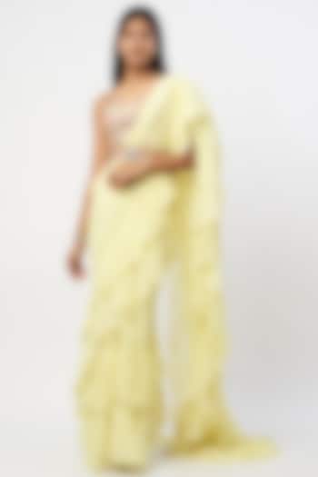 Lemon Yellow Georgette Ruffled Saree Set by Tamanna Punjabi Kapoor