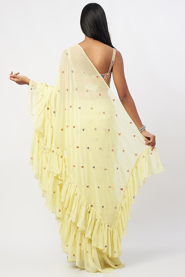 Lemon Yellow Georgette Ruffled Wedding Saree Set by Tamanna Punjabi Kapoor at Pernia's Pop Up Shop