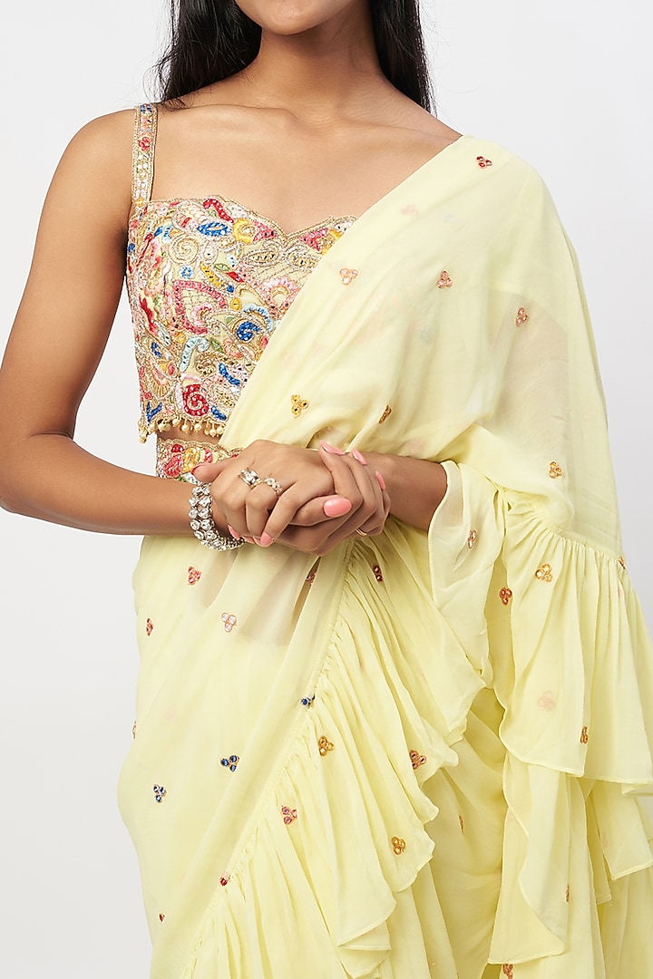 Lemon Yellow Georgette Ruffled Wedding Saree Set by Tamanna Punjabi Kapoor at Pernia's Pop Up Shop