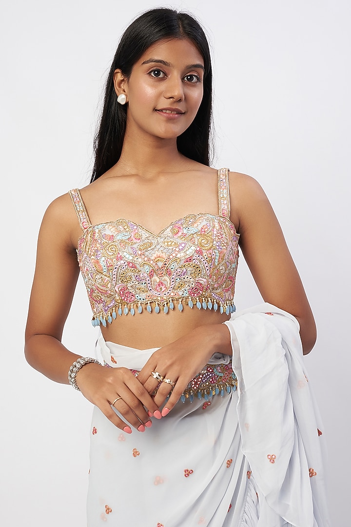 Ice-Blue Georgette Ruffled Wedding Saree Set by Tamanna Punjabi Kapoor at Pernia's Pop Up Shop