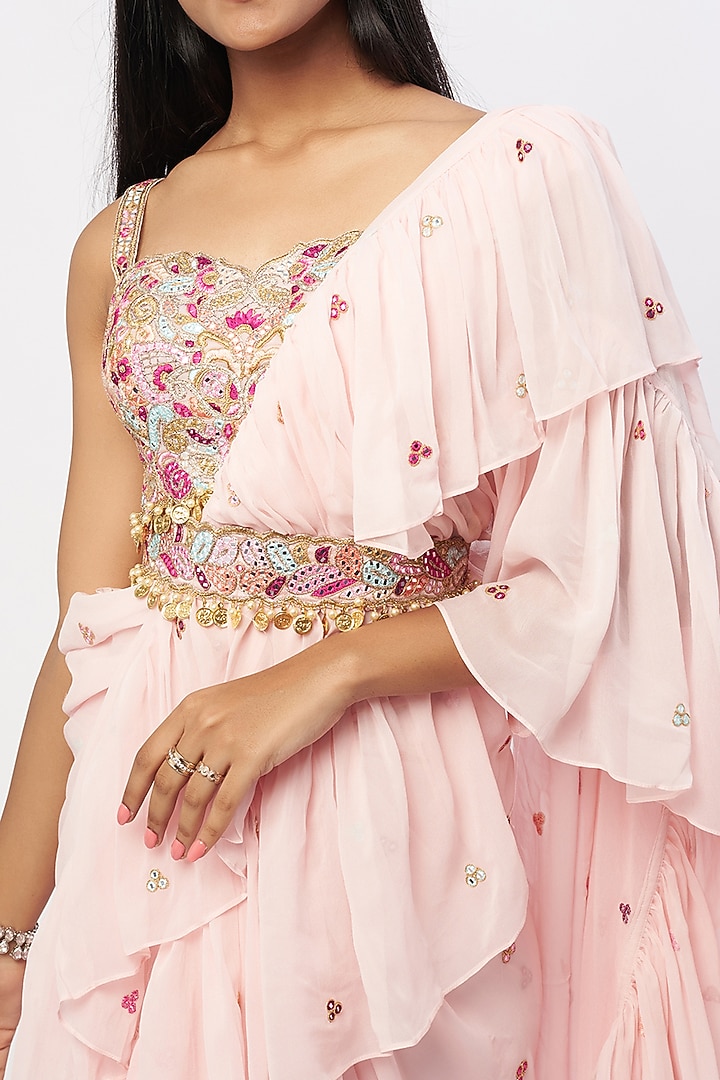 Blush Pink Georgette Ruffled Wedding Saree Set by Tamanna Punjabi Kapoor at Pernia's Pop Up Shop