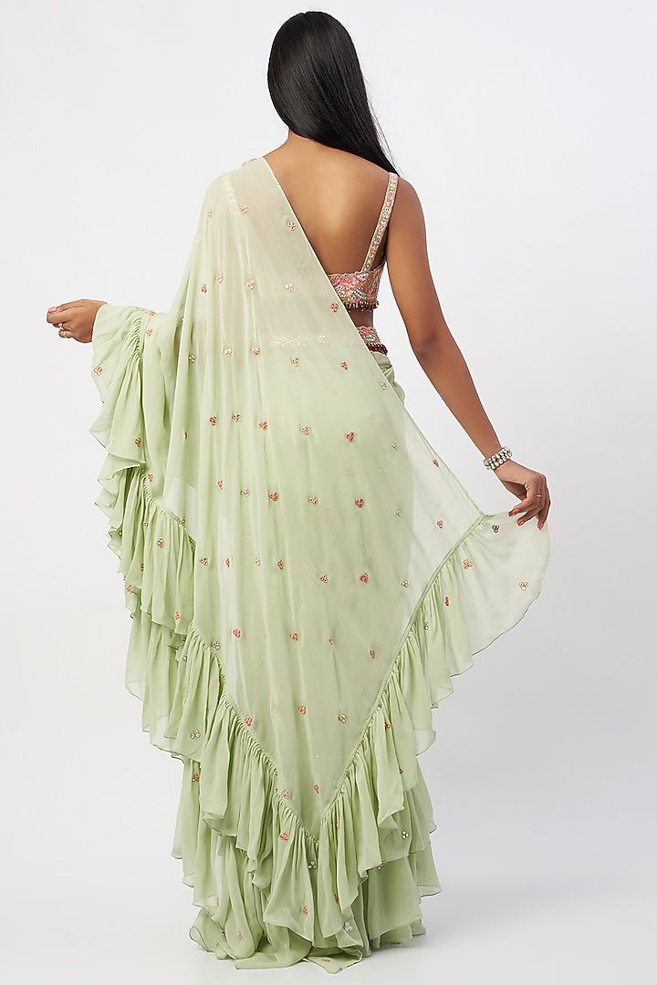 Mint Green Georgette Ruffled Wedding Saree Set by Tamanna Punjabi Kapoor at Pernia's Pop Up Shop
