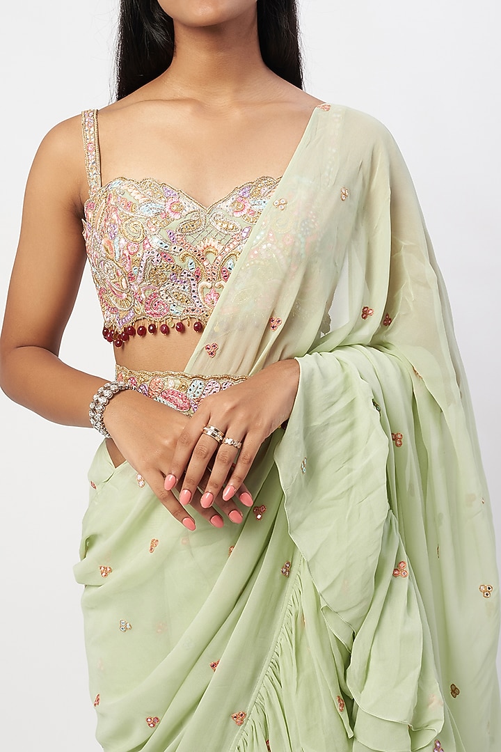 Mint Green Georgette Ruffled Wedding Saree Set by Tamanna Punjabi Kapoor at Pernia's Pop Up Shop