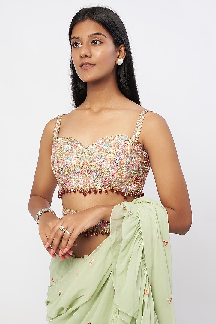 Mint Green Georgette Ruffled Wedding Saree Set by Tamanna Punjabi Kapoor at Pernia's Pop Up Shop
