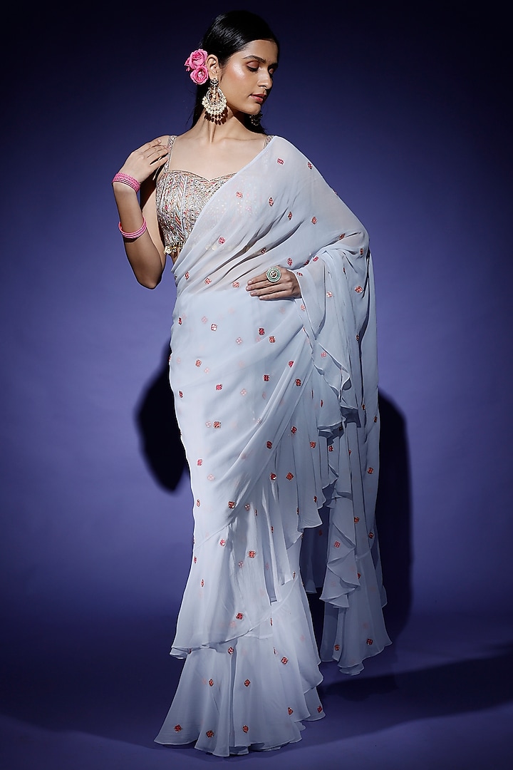 Ice Blue Georgette Ruffled Saree Set by Tamanna Punjabi Kapoor