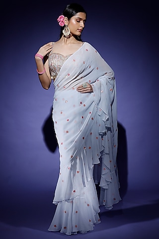 Ice Blue Georgette Ruffled Saree Set by Tamanna Punjabi Kapoor