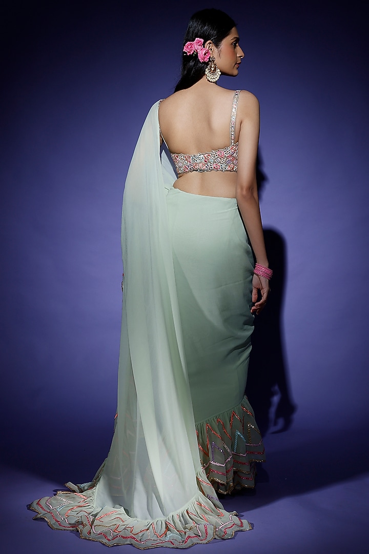 Mint Green Georgette Ruffled Reception Saree Set by Tamanna Punjabi Kapoor at Pernia's Pop Up Shop