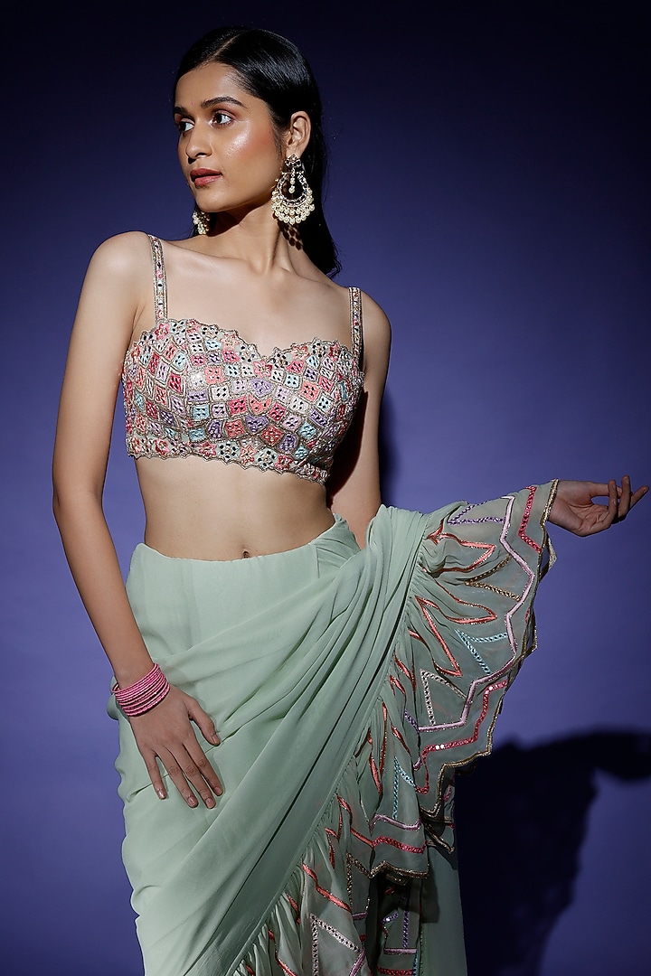 Mint Green Georgette Ruffled Reception Saree Set by Tamanna Punjabi Kapoor at Pernia's Pop Up Shop