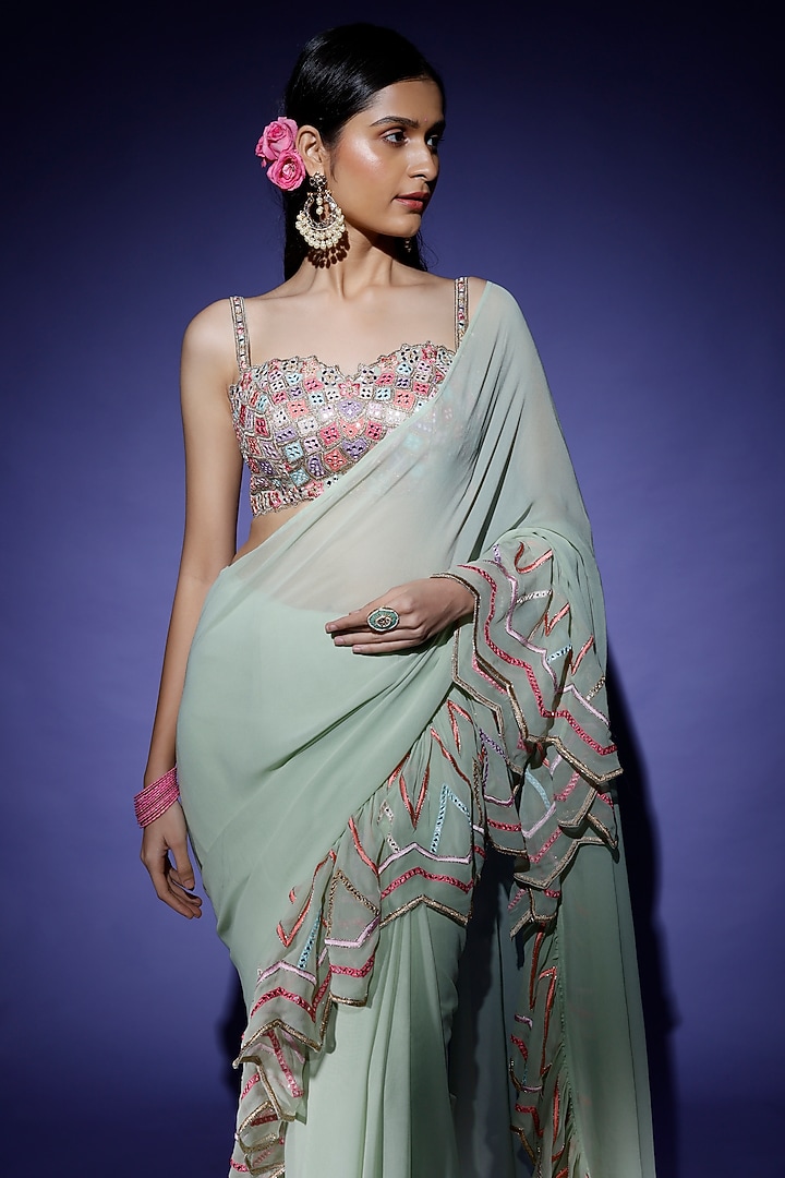 Mint Green Georgette Ruffled Reception Saree Set by Tamanna Punjabi Kapoor at Pernia's Pop Up Shop