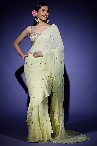 Lemon Yellow Georgette Ruffled Saree Set by Tamanna Punjabi Kapoor