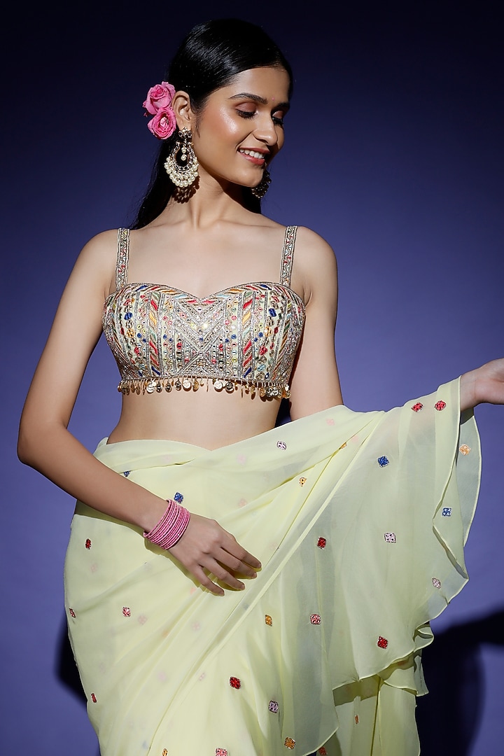 Lemon Yellow Georgette Ruffled Wedding Saree Set by Tamanna Punjabi Kapoor at Pernia's Pop Up Shop
