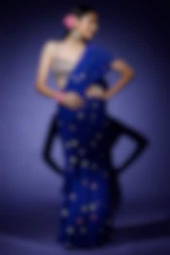 Cobalt Blue Georgette Ruffled Wedding Saree Set by Tamanna Punjabi Kapoor at Pernia's Pop Up Shop