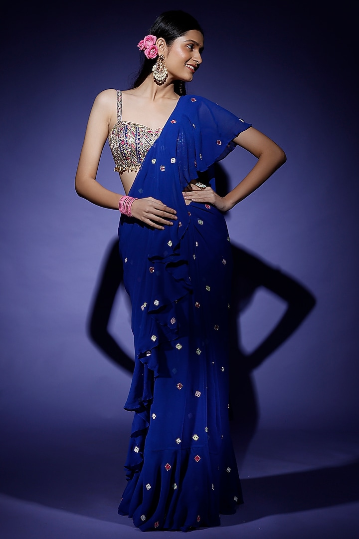 Cobalt Blue Georgette Ruffled Wedding Saree Set by Tamanna Punjabi Kapoor at Pernia's Pop Up Shop