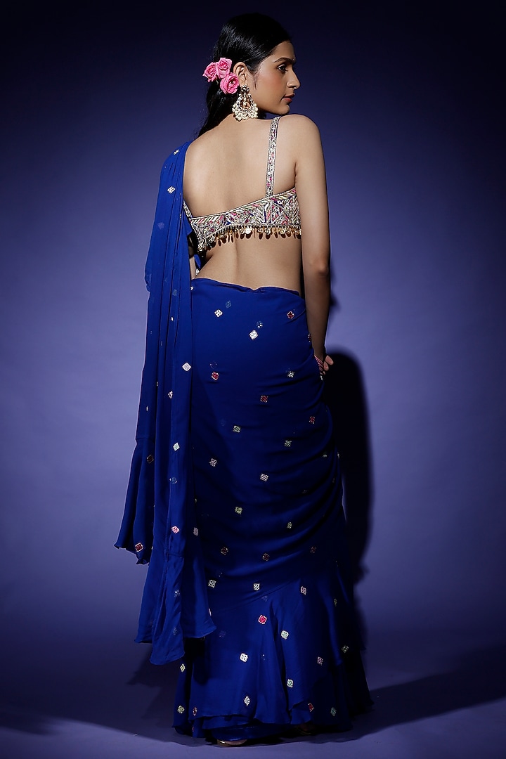 Cobalt Blue Georgette Ruffled Wedding Saree Set by Tamanna Punjabi Kapoor at Pernia's Pop Up Shop