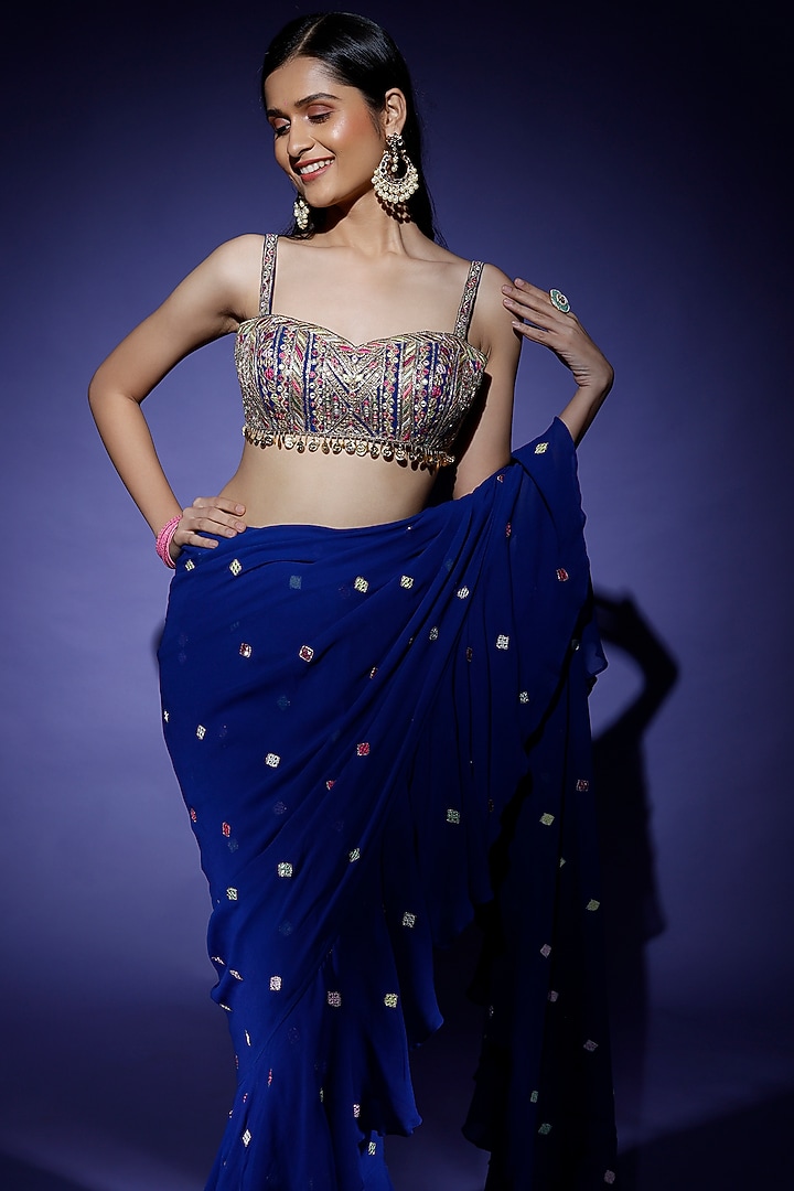 Cobalt Blue Georgette Ruffled Wedding Saree Set by Tamanna Punjabi Kapoor at Pernia's Pop Up Shop
