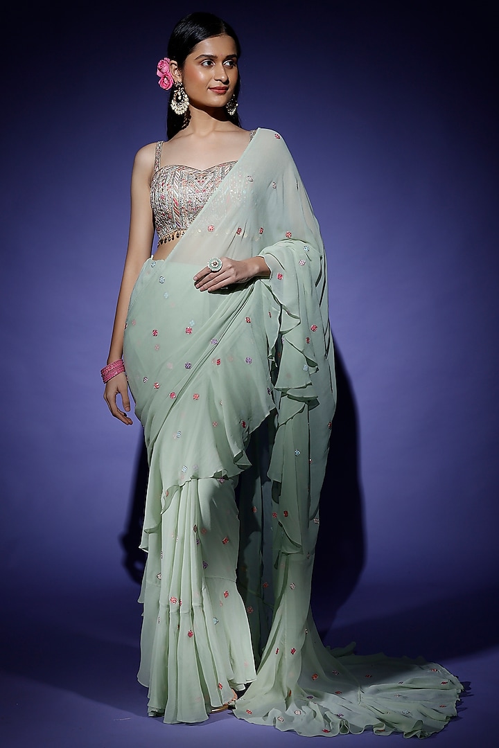 Mint Green Ruffled Saree Set In Georgette by Tamanna Punjabi Kapoor
