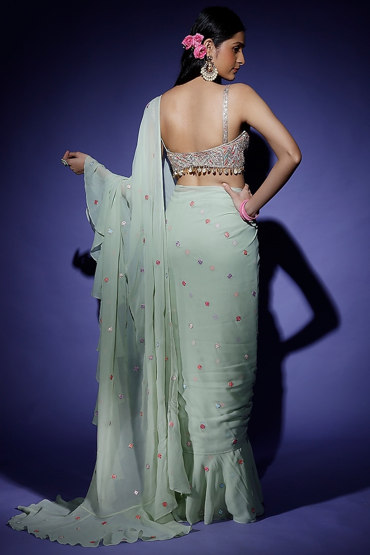 Mint Green Georgette Ruffled Wedding Saree Set by Tamanna Punjabi Kapoor at Pernia's Pop Up Shop