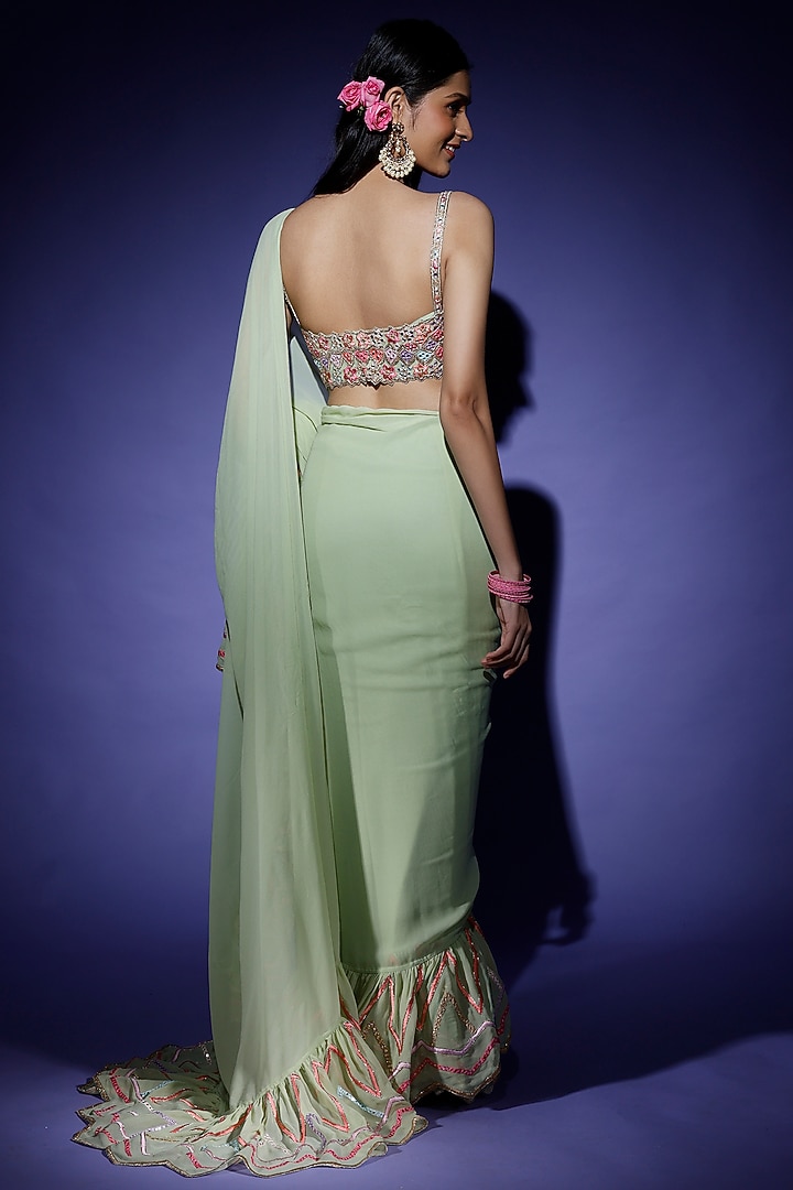 Mint Green Georgette Ruffled Reception Saree Set by Tamanna Punjabi Kapoor at Pernia's Pop Up Shop