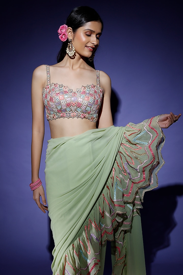 Mint Green Georgette Ruffled Reception Saree Set by Tamanna Punjabi Kapoor at Pernia's Pop Up Shop