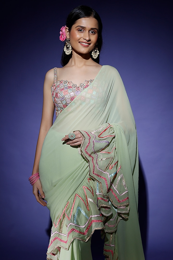 Mint Green Georgette Ruffled Reception Saree Set by Tamanna Punjabi Kapoor at Pernia's Pop Up Shop