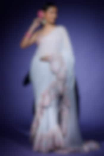 Ice Blue Georgette Ruffled Reception Saree Set by Tamanna Punjabi Kapoor at Pernia's Pop Up Shop