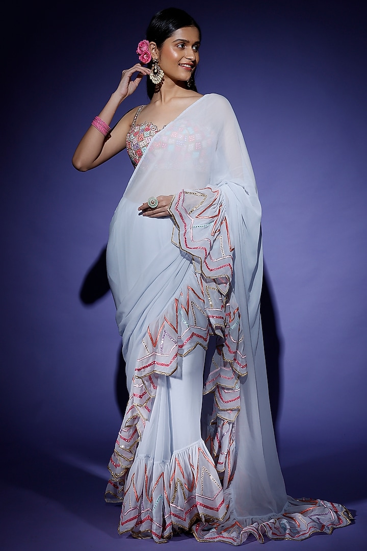 Ice Blue Georgette Ruffled Reception Saree Set by Tamanna Punjabi Kapoor at Pernia's Pop Up Shop