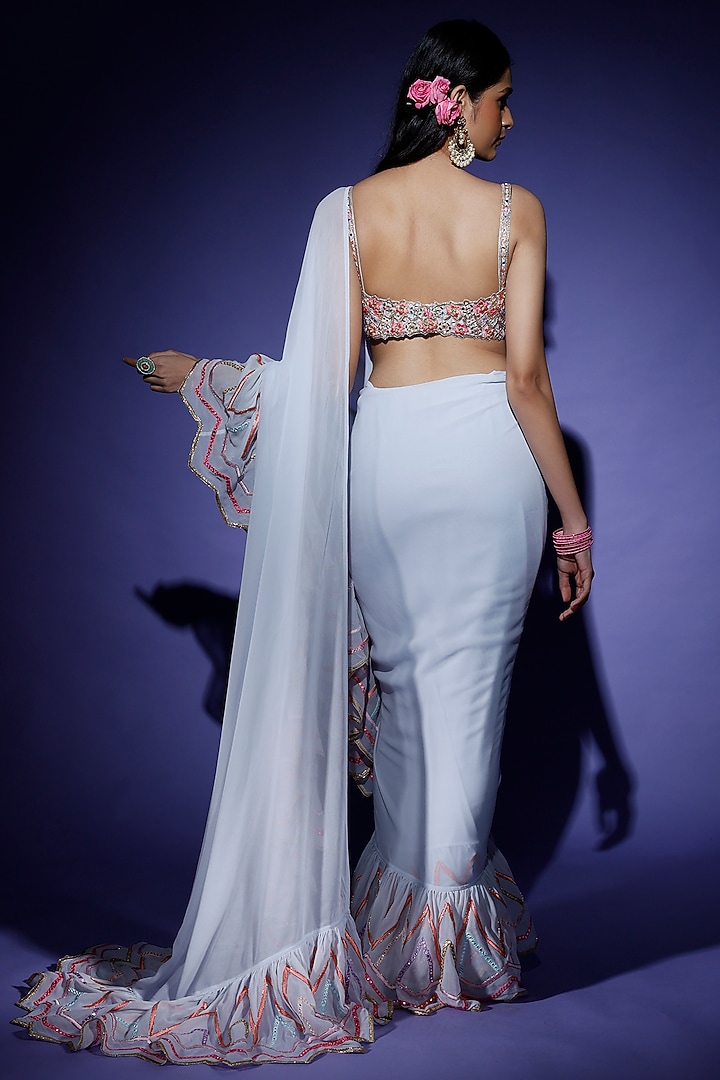 Ice Blue Georgette Ruffled Reception Saree Set by Tamanna Punjabi Kapoor at Pernia's Pop Up Shop