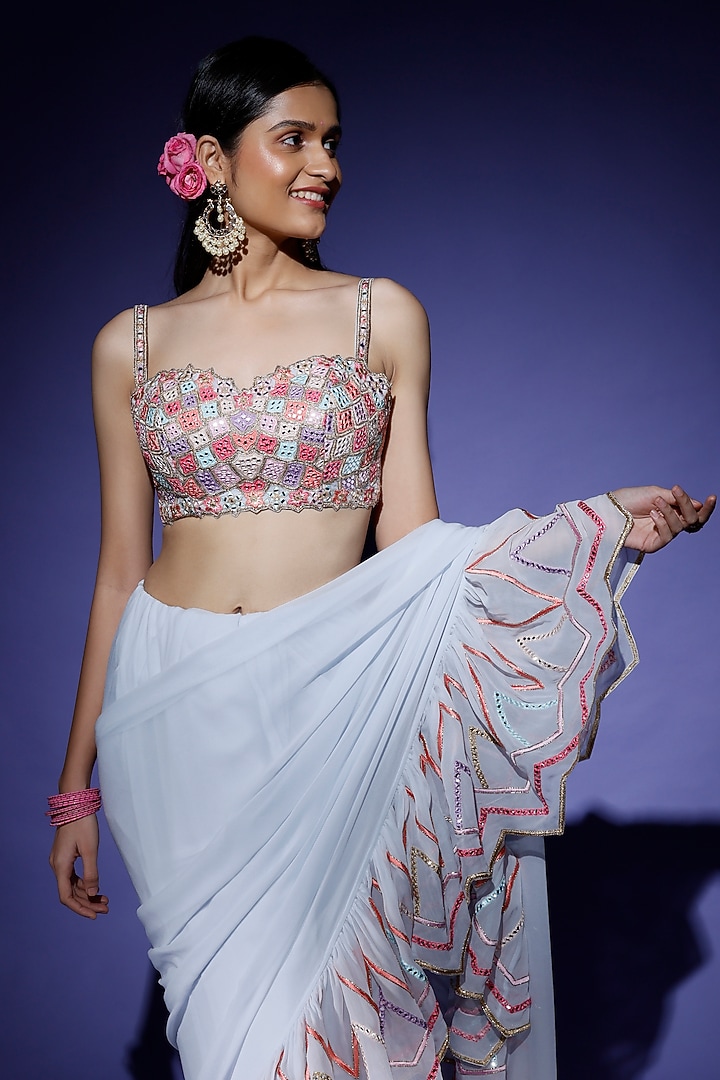 Ice Blue Georgette Ruffled Reception Saree Set by Tamanna Punjabi Kapoor at Pernia's Pop Up Shop