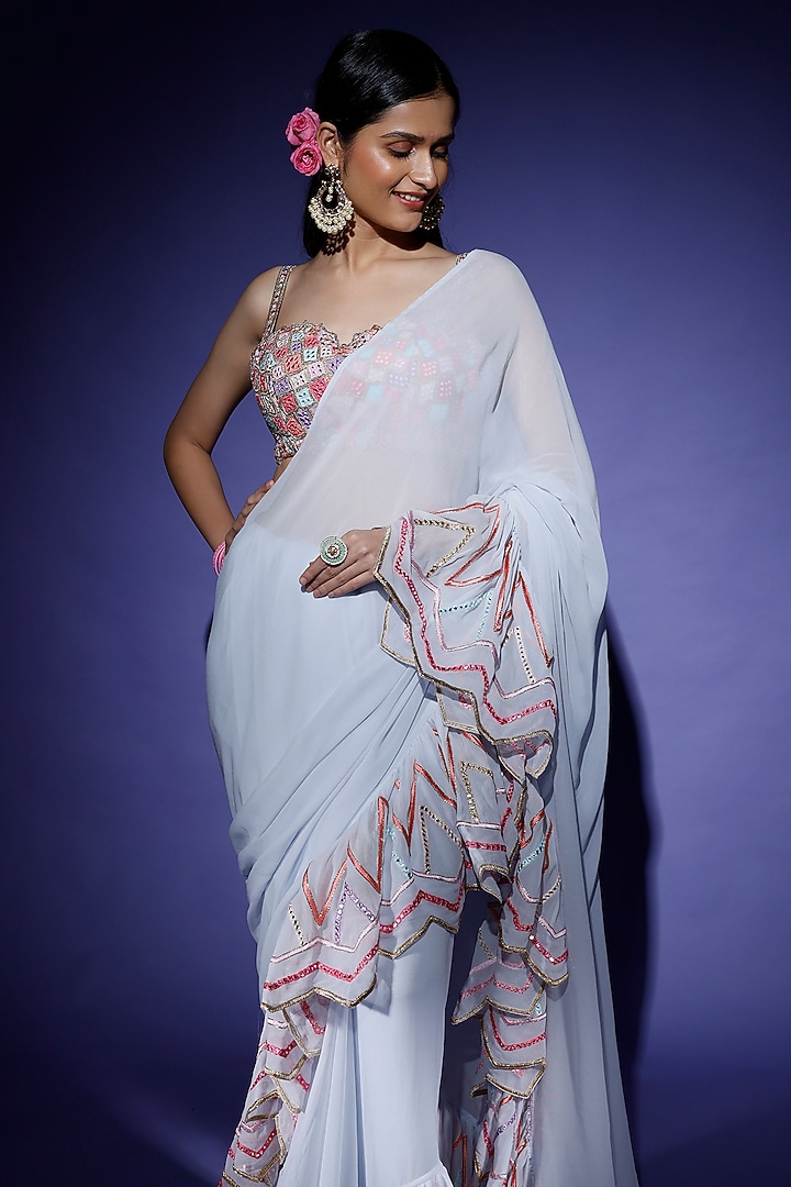 Ice Blue Georgette Ruffled Reception Saree Set by Tamanna Punjabi Kapoor at Pernia's Pop Up Shop