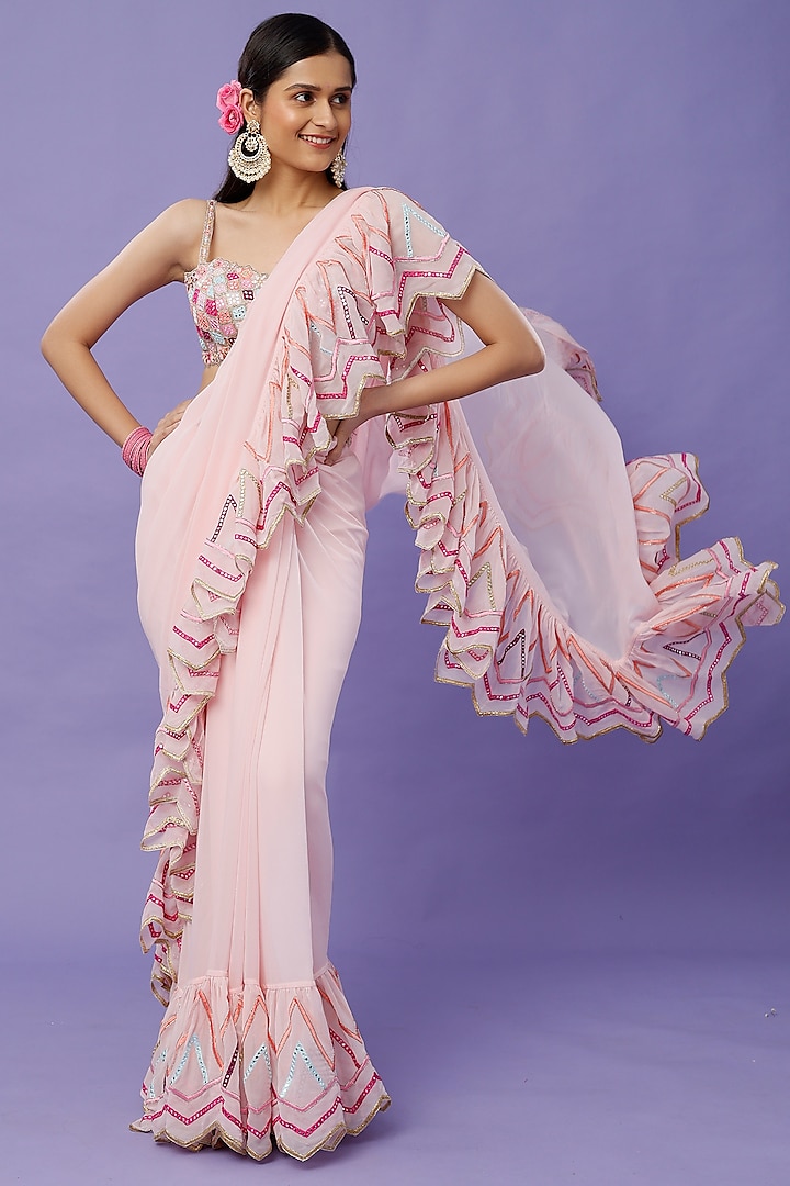 Blush Pink Georgette Ruffled Saree Set by Tamanna Punjabi Kapoor at Pernia's Pop Up Shop