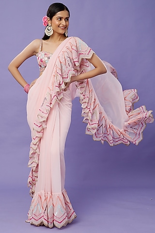 Blush Pink Georgette Ruffled Saree Set by Tamanna Punjabi Kapoor