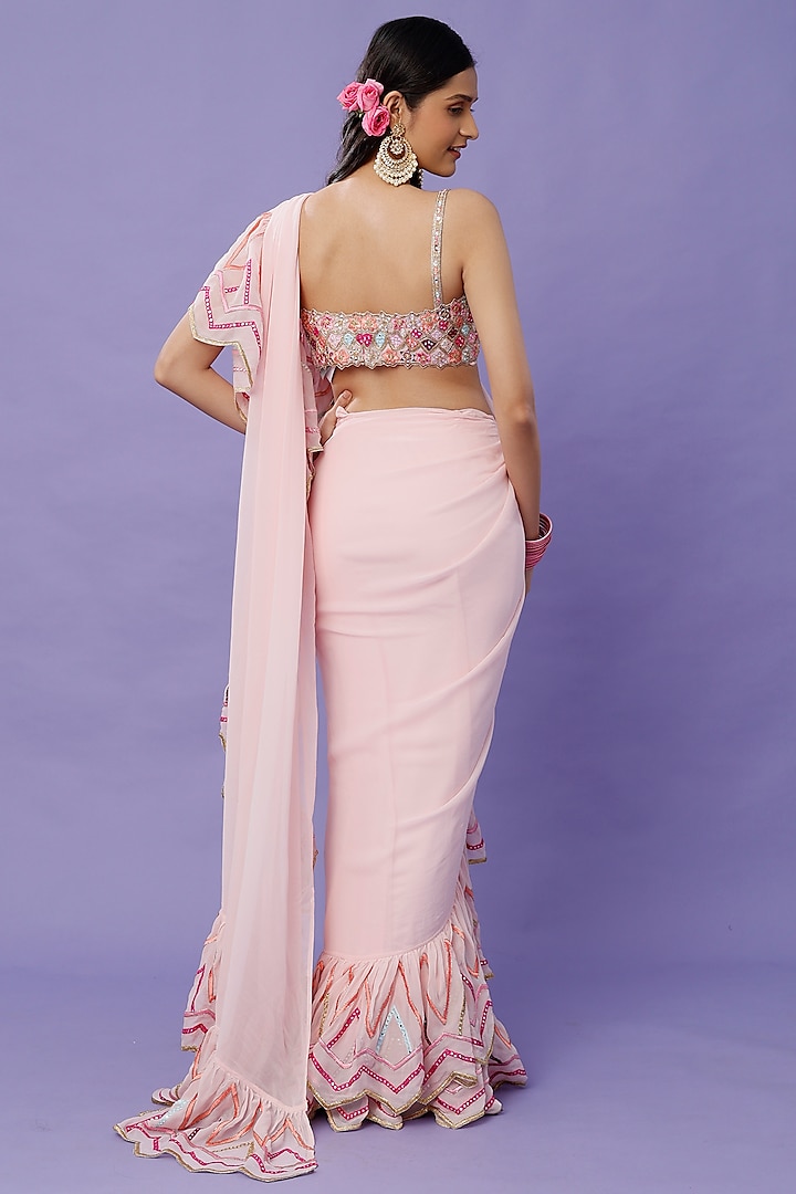 Blush Pink Georgette Ruffled Reception Saree Set by Tamanna Punjabi Kapoor at Pernia's Pop Up Shop