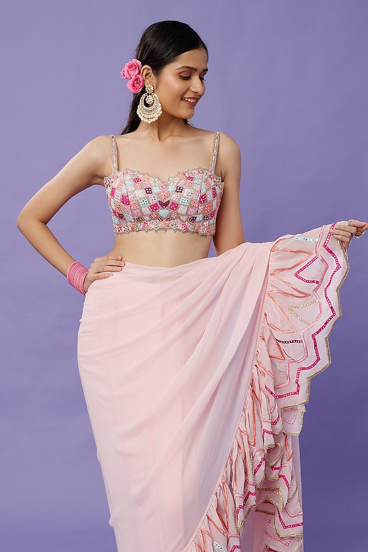 Blush Pink Georgette Ruffled Reception Saree Set by Tamanna Punjabi Kapoor at Pernia's Pop Up Shop