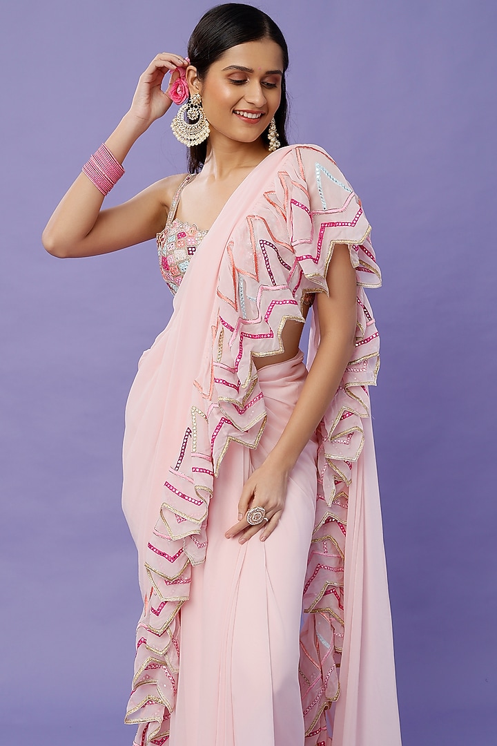 Blush Pink Georgette Ruffled Reception Saree Set by Tamanna Punjabi Kapoor at Pernia's Pop Up Shop
