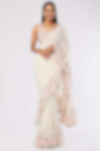 Ivory Georgette Ruffled Reception Saree Set by Tamanna Punjabi Kapoor at Pernia's Pop Up Shop