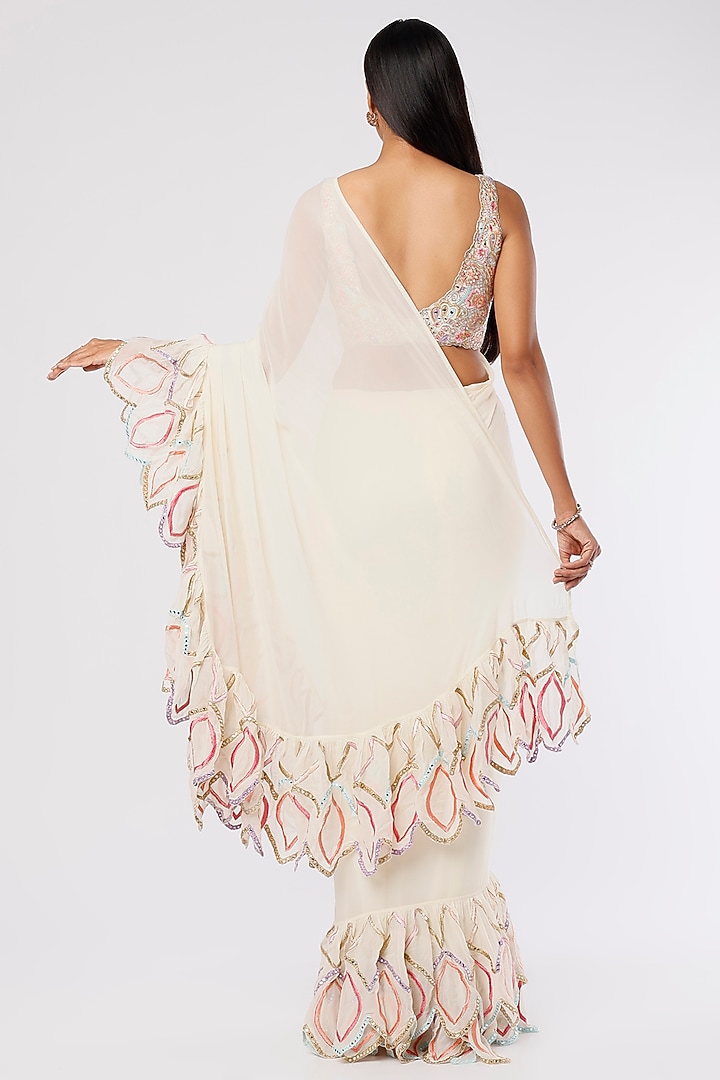 Ivory Georgette Ruffled Reception Saree Set by Tamanna Punjabi Kapoor at Pernia's Pop Up Shop