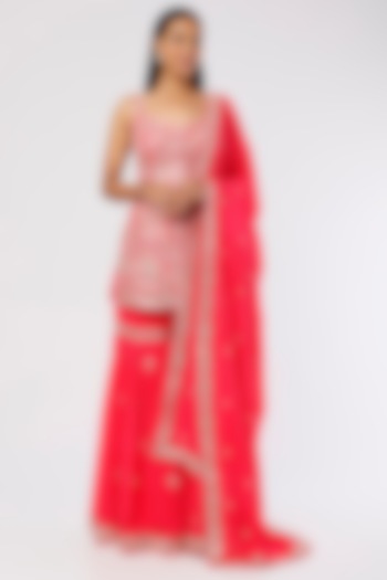 Fuchsia Georgette Mirror & Foil Embroidered Gharara Set by Tamanna Punjabi Kapoor at Pernia's Pop Up Shop