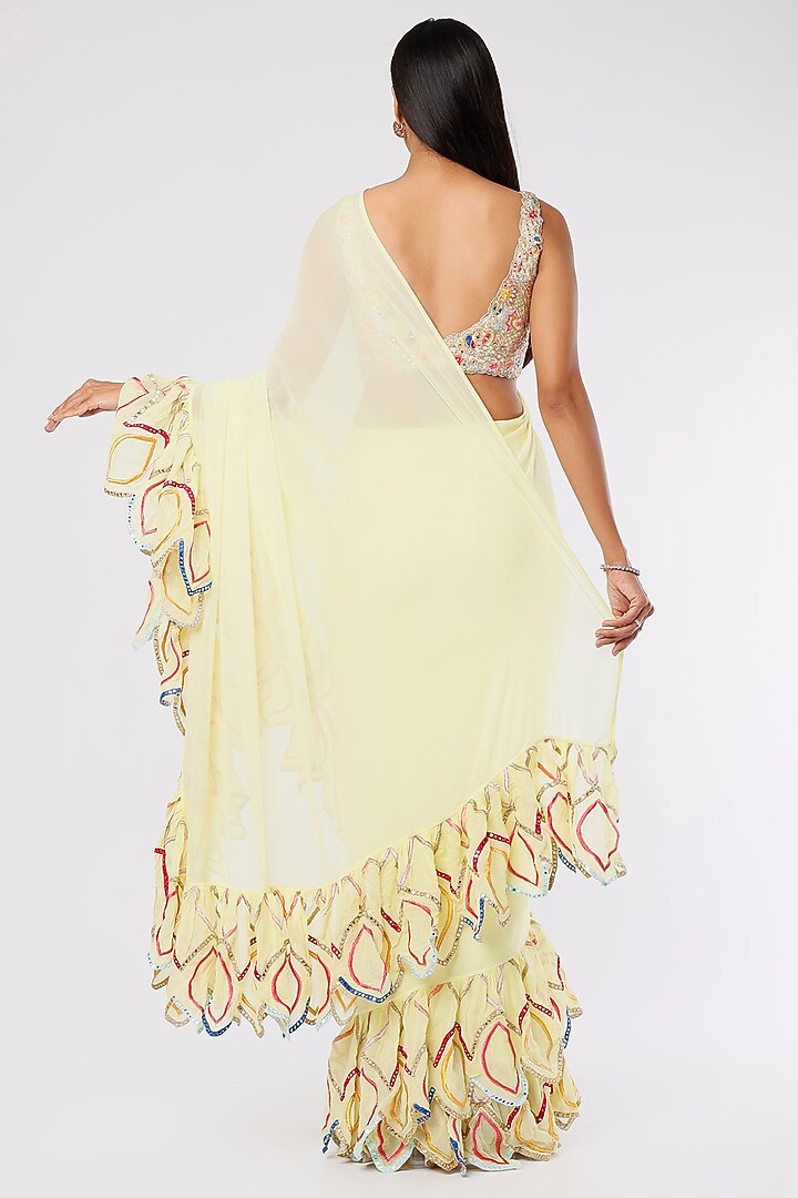 Lemon Yellow Georgette Ruffled Reception Saree Set by Tamanna Punjabi Kapoor at Pernia's Pop Up Shop