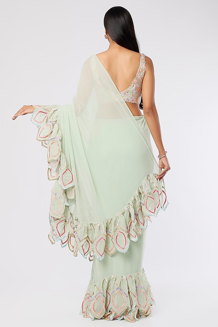 Mint Green Georgette Ruffled Reception Saree Set by Tamanna Punjabi Kapoor at Pernia's Pop Up Shop