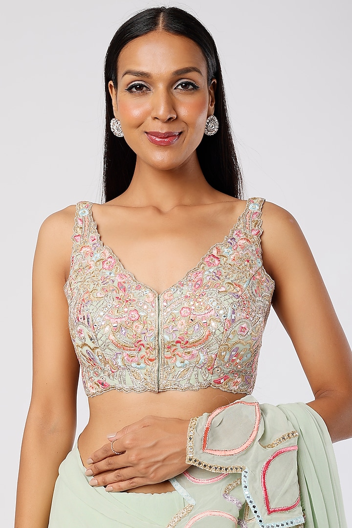 Mint Green Georgette Ruffled Reception Saree Set by Tamanna Punjabi Kapoor at Pernia's Pop Up Shop